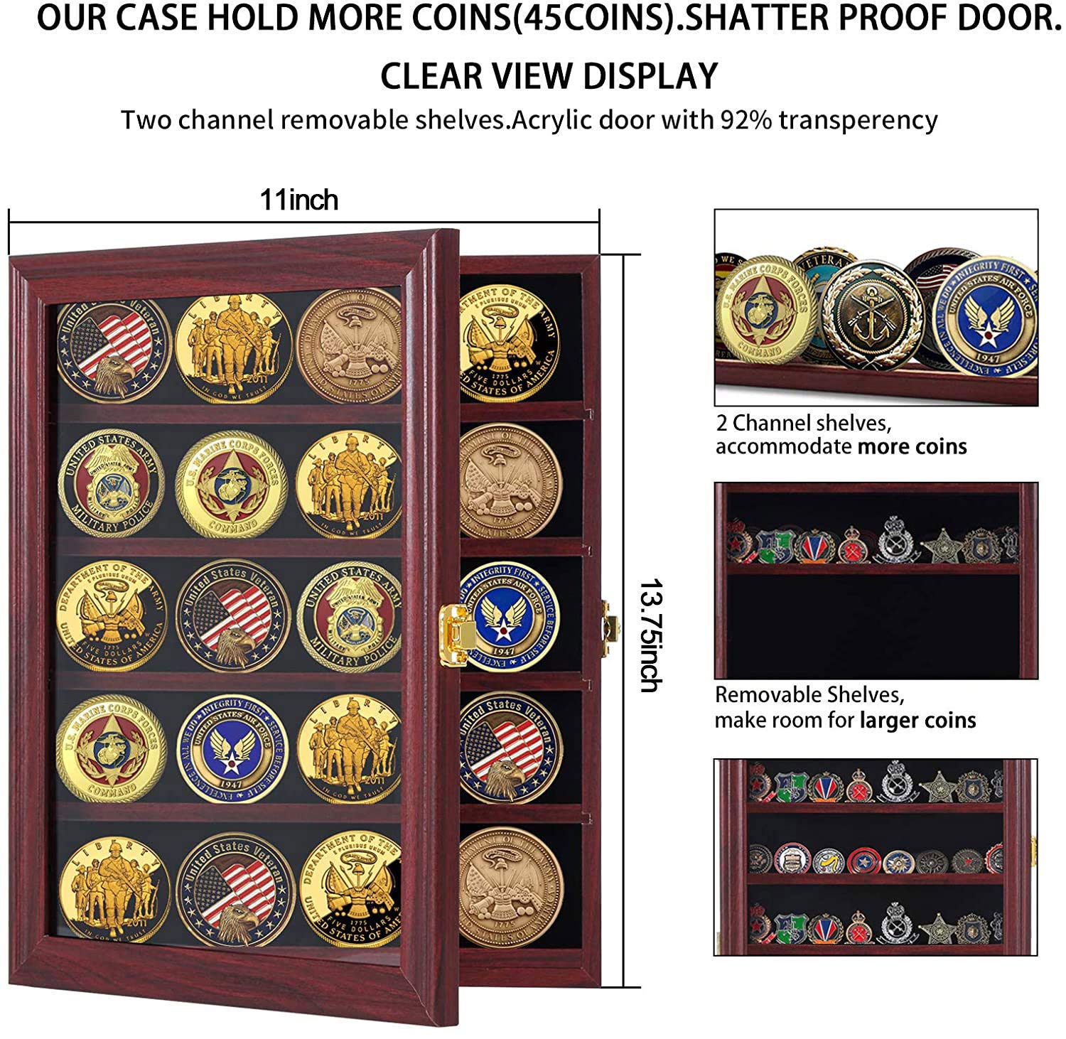 Jinchuan Military Challenge Coin Display Case Lockable Cabinet Rack Holder Shadow Box with Removable 2 Grooves Shelves and Anti Dust Door for Casino