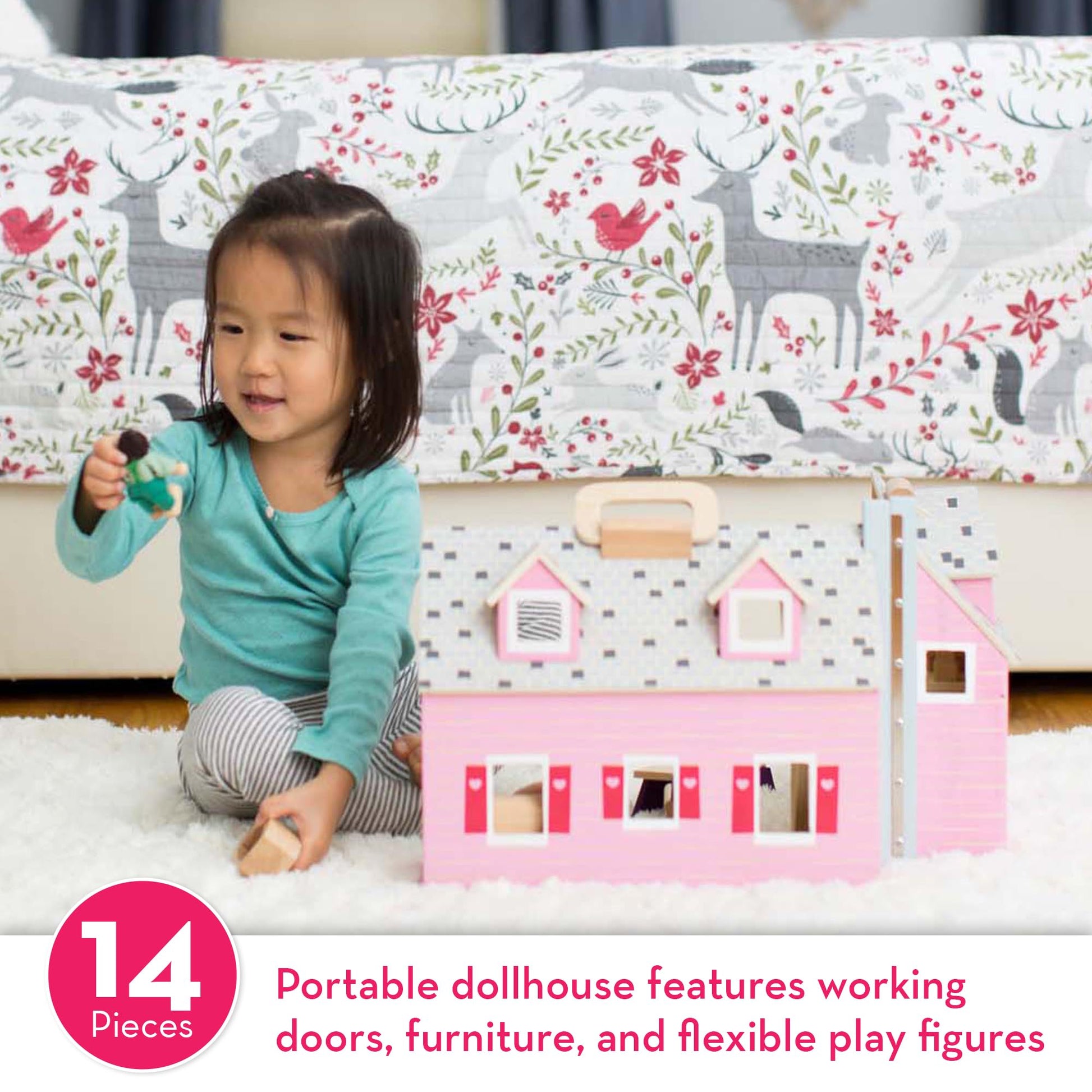 Melissa & Doug Fold & Go Wooden Dollhouse with 2 Dolls and 11 Pieces of Furniture - Portable Mini Doll House with Accessories and Toy Figures, Ages 3+
