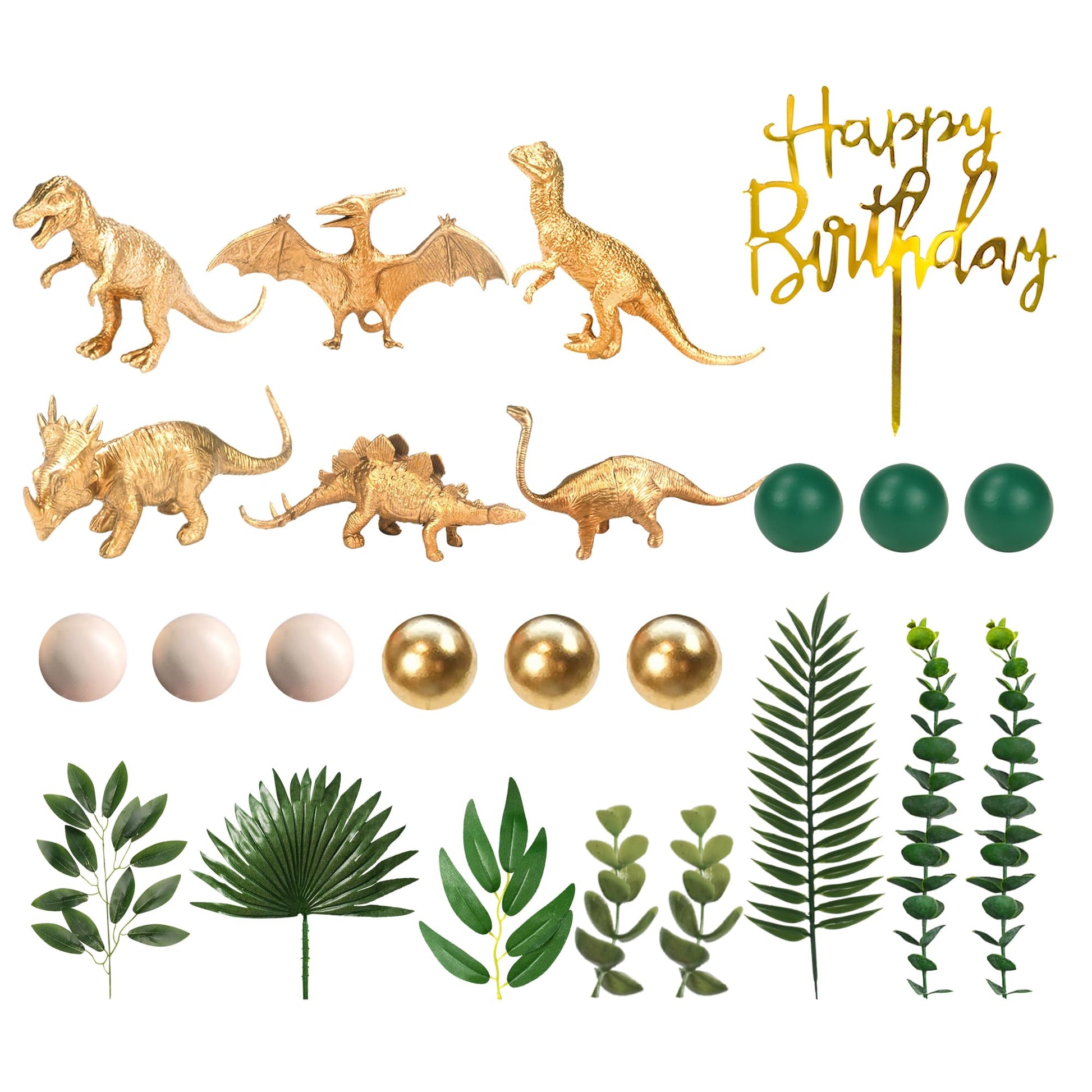 21 PCS Gold Dinosaur Cake Toppers Dinosaur Figures Green Ball Cake Decorations for Dinosaur Theme Birthday Supplies (Gold)
