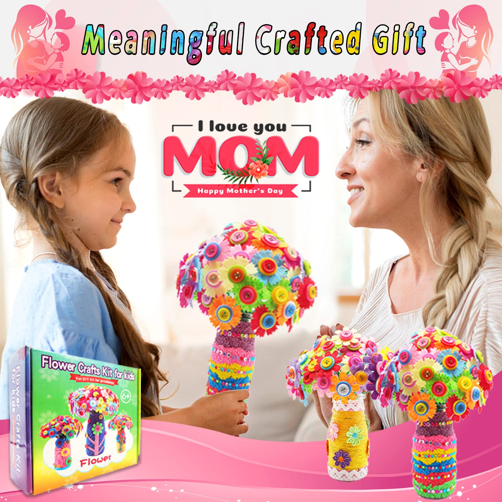 7july Crafts for Girls Ages 6-10 Make Your Own Flower Bouquet with Buttons and Felt Flowers, Vase Art and Craft for Children - DIY Activity Christmas