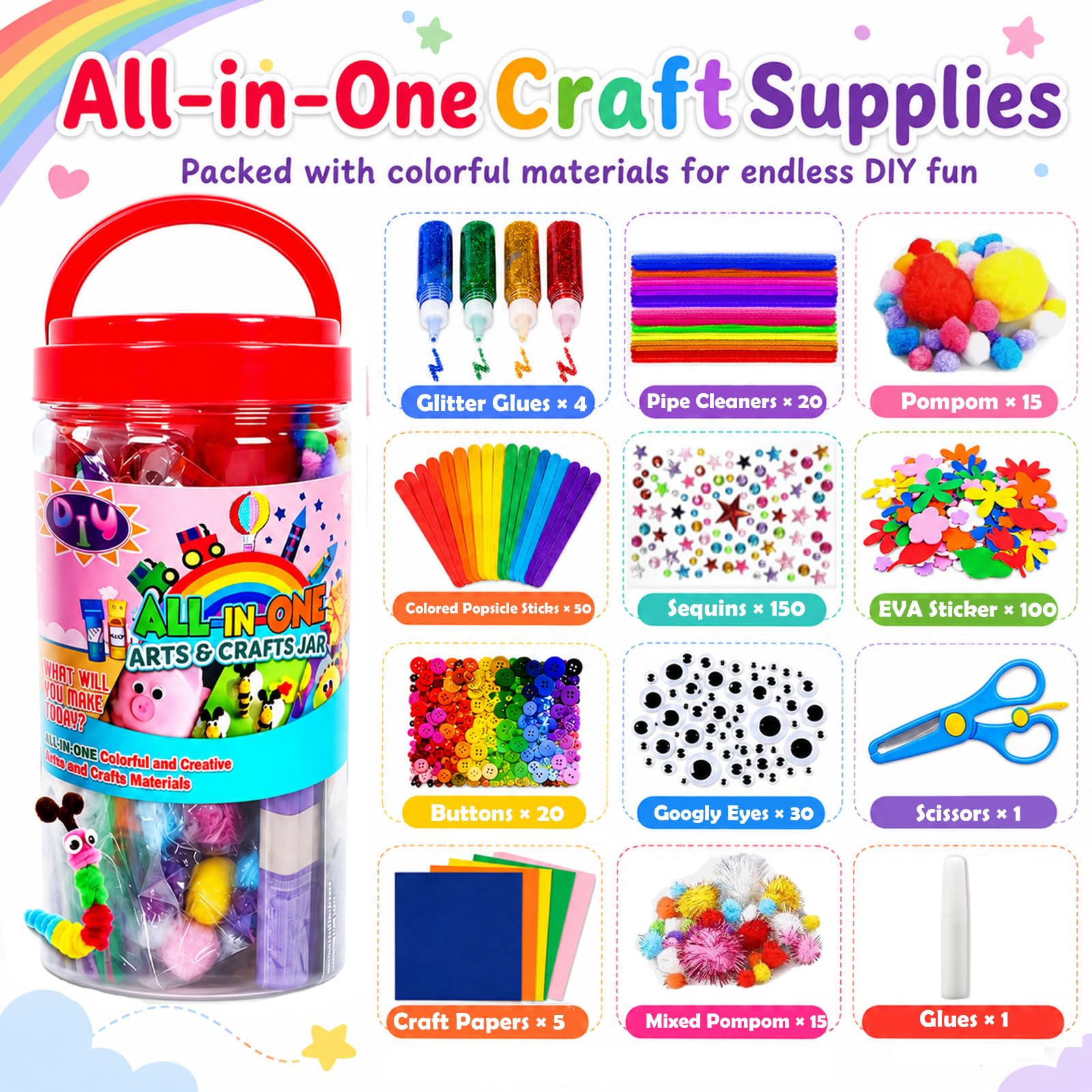 FUNZBO Arts and Crafts Supplies for Kids - Toddlers Craft Kit with Glitter Glue Stick, Pipe Cleaners, Pom Poms, Popsicle Sticks Tools, DIY School