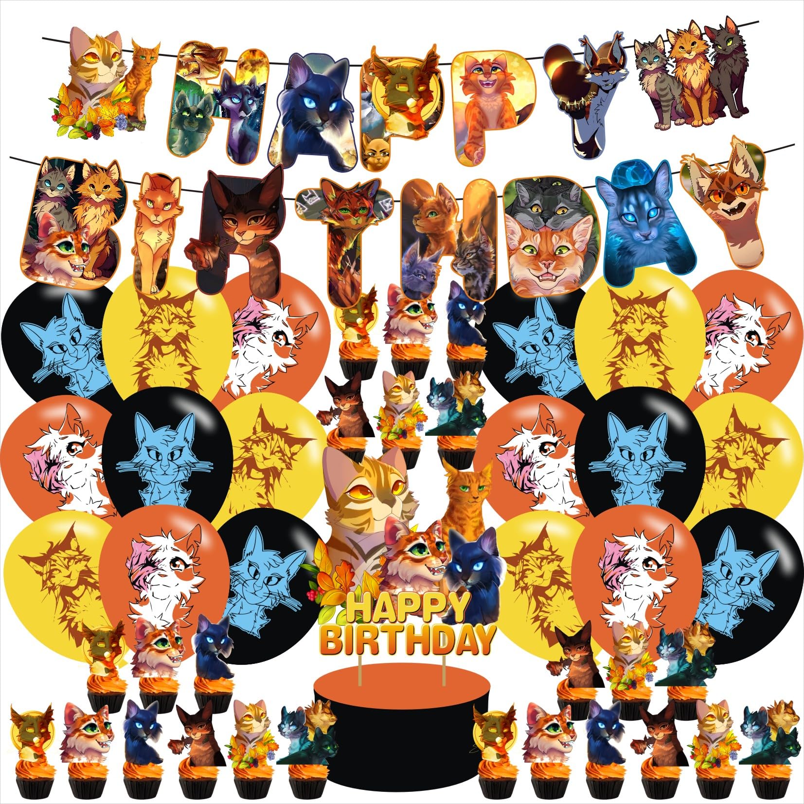Karg Cartoon Cat Party Supplies - Cats Birthday Party Decorations Pack: Banners, Cake Toppers, 12 Cupcake Toppers, 18 Balloons (Brown, Yellow, Orange)