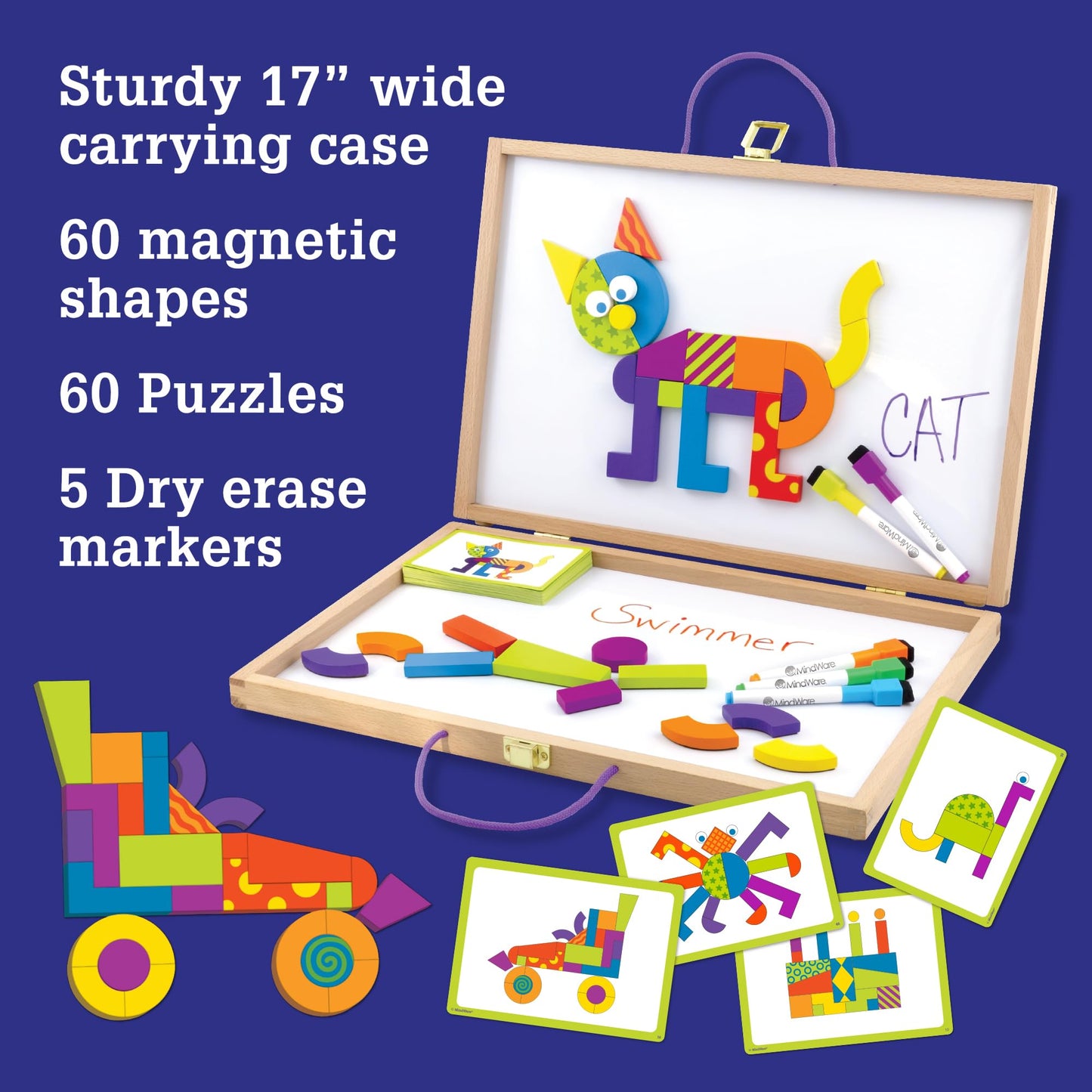 MindWare Imagination Patterns - Creative, Magnetic Play with Patterned Tangram Shapes - Includes 60 Magnetic Blocks, 60 Puzzle Cards, Dry Erase