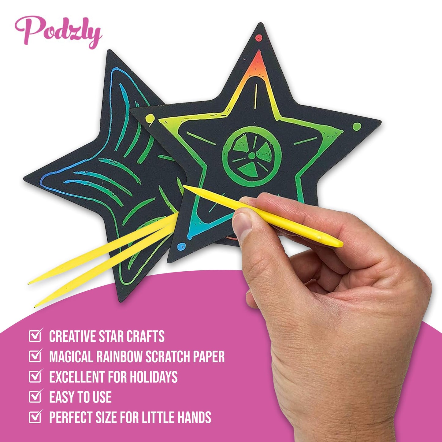 Podzly 50 Pcs Scratch Art Star Craft Kit - Magic Rainbow Color Scratch Art for Kids - DIY Star Ornament for Christmas & Easter - Art Supplies Kit