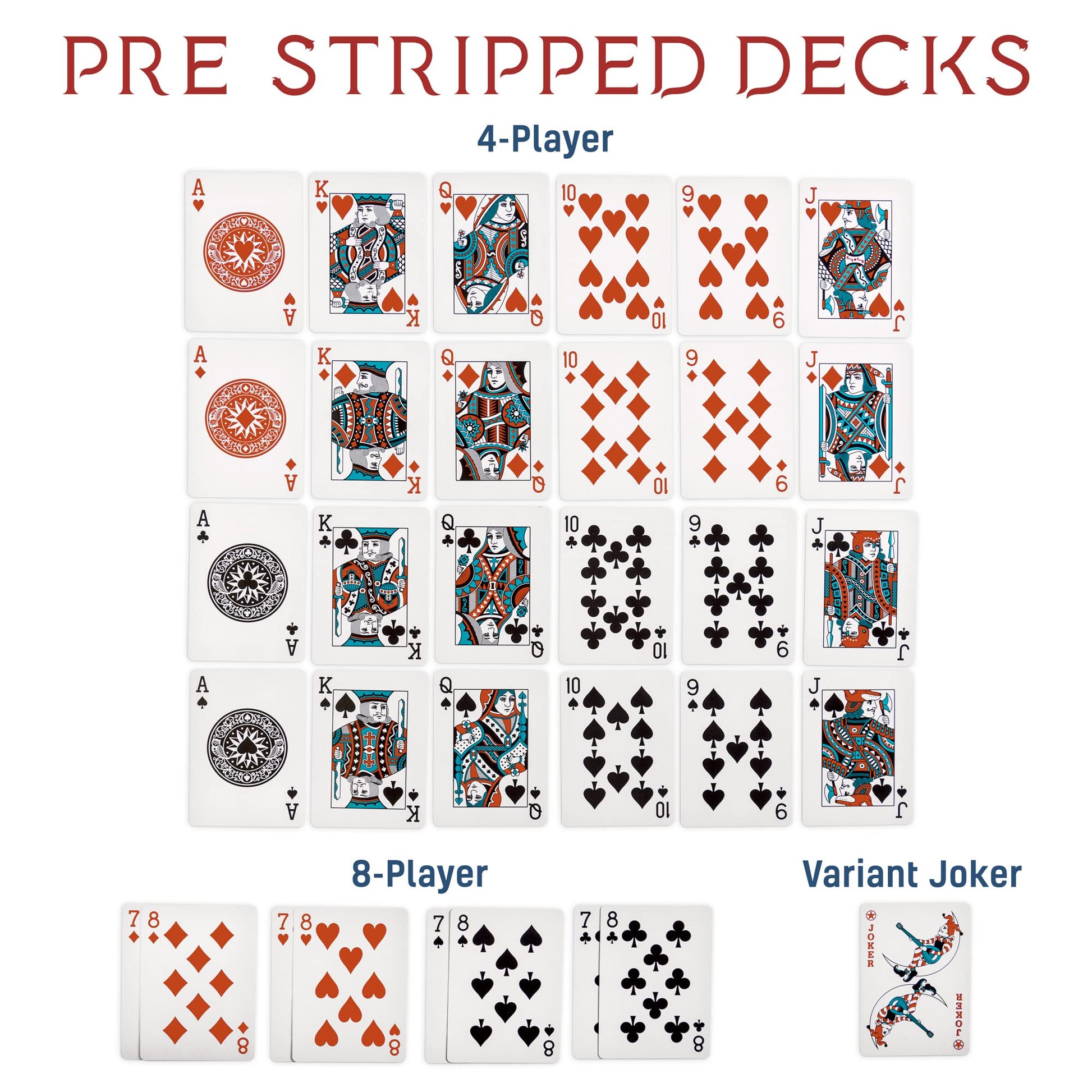 Brybelly Euchre Card Game - 2 Specialty Decks Pre-Stripped for Classic American Euchre or 6-Player Variant - Custom Bower Jacks & Blank Counter Cards
