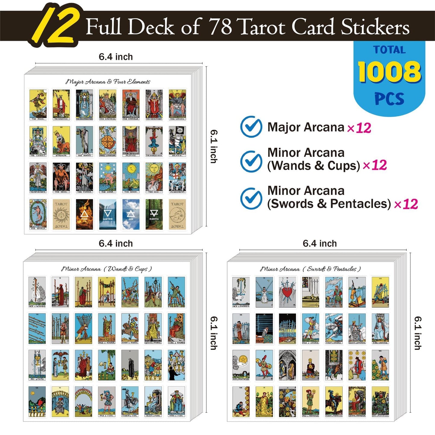 Joyppy Mini Tarot Stickers for Journaling - 1008 PCS Tarot Card Stickers Based on Rider Waite Tarot Deck - 1.25" x 0.78" - Clear Printing & Glossy