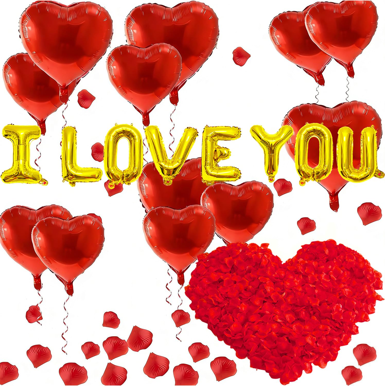 I Love You Balloons and Heart Balloon with 500 Pieces Rose Petals, Foil Mylar Love Balloons for Him/Her Wedding Anniversary Engagement Valentine Day