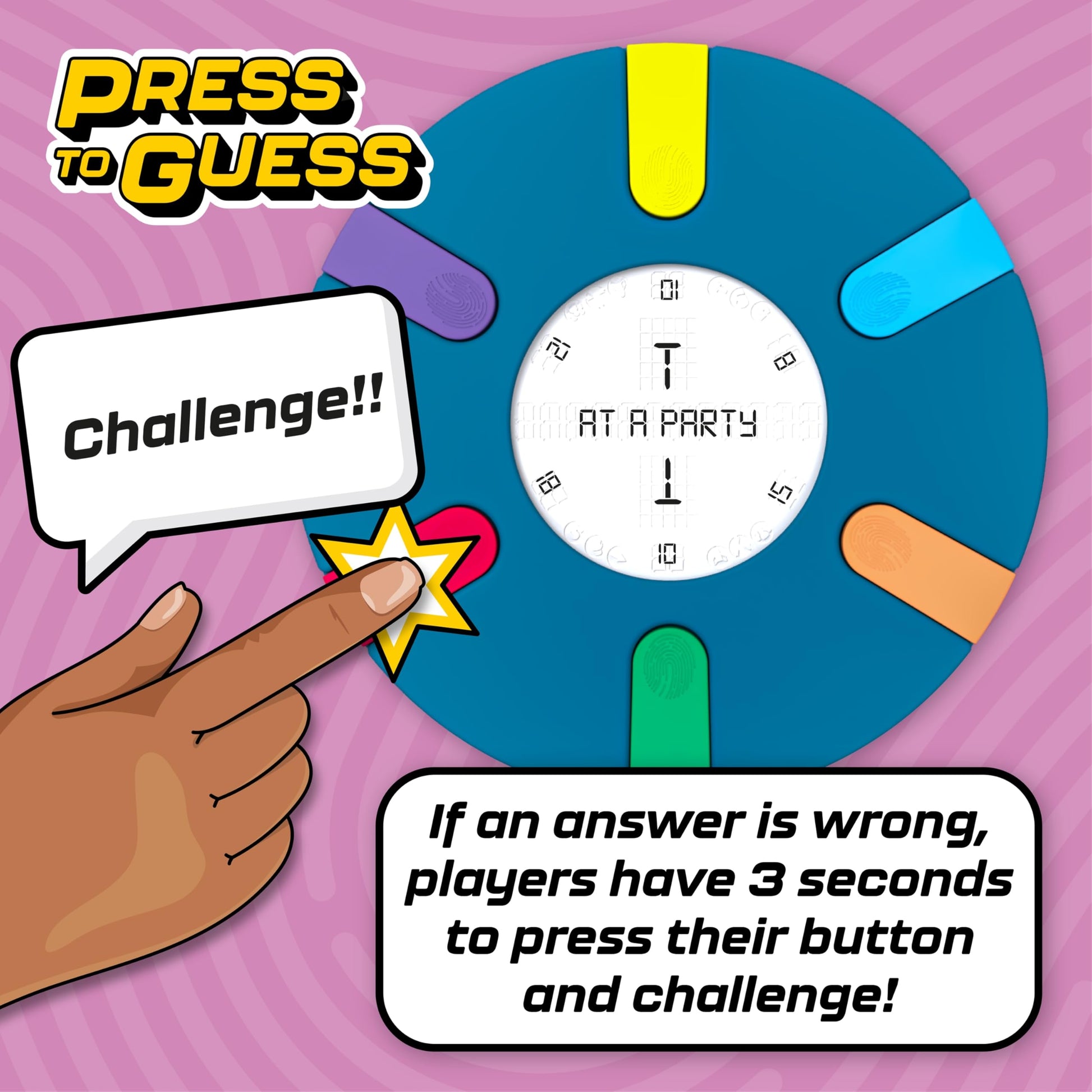 Buffalo Games - Press to Guess - Category Guessing Game - Electronic Game Board for Up to 6 Players - Guess and Challenge Guesses - Ages 8 and Up
