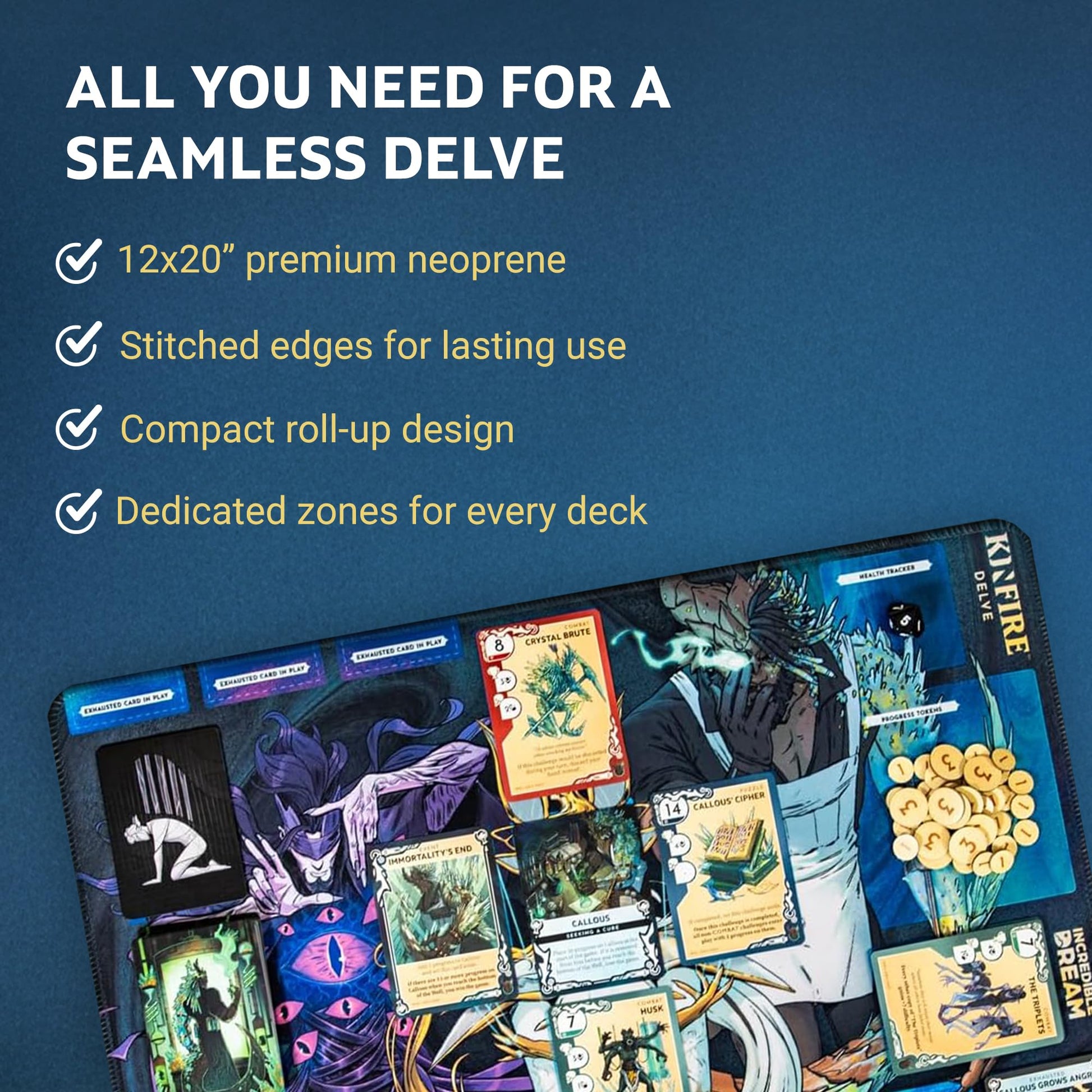 Incredible Dream Kinfire Delve Official Playmat - 12x20’’ Neoprene Game Mat with Stitched Edges - Organize Your Well Deck, Health Tracker,