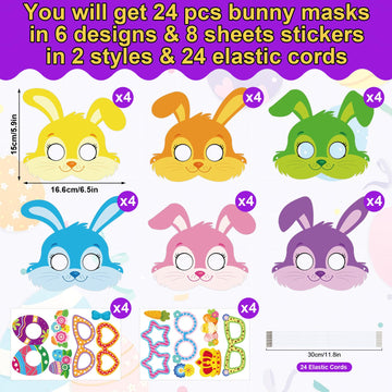 24 Sets Easter Bunny Mask Craft Kits Make Your Own Paper Mask Crafts Easter Rabbits Face Stickers Bunny DIY Art for Kids Spring Classroom Activities