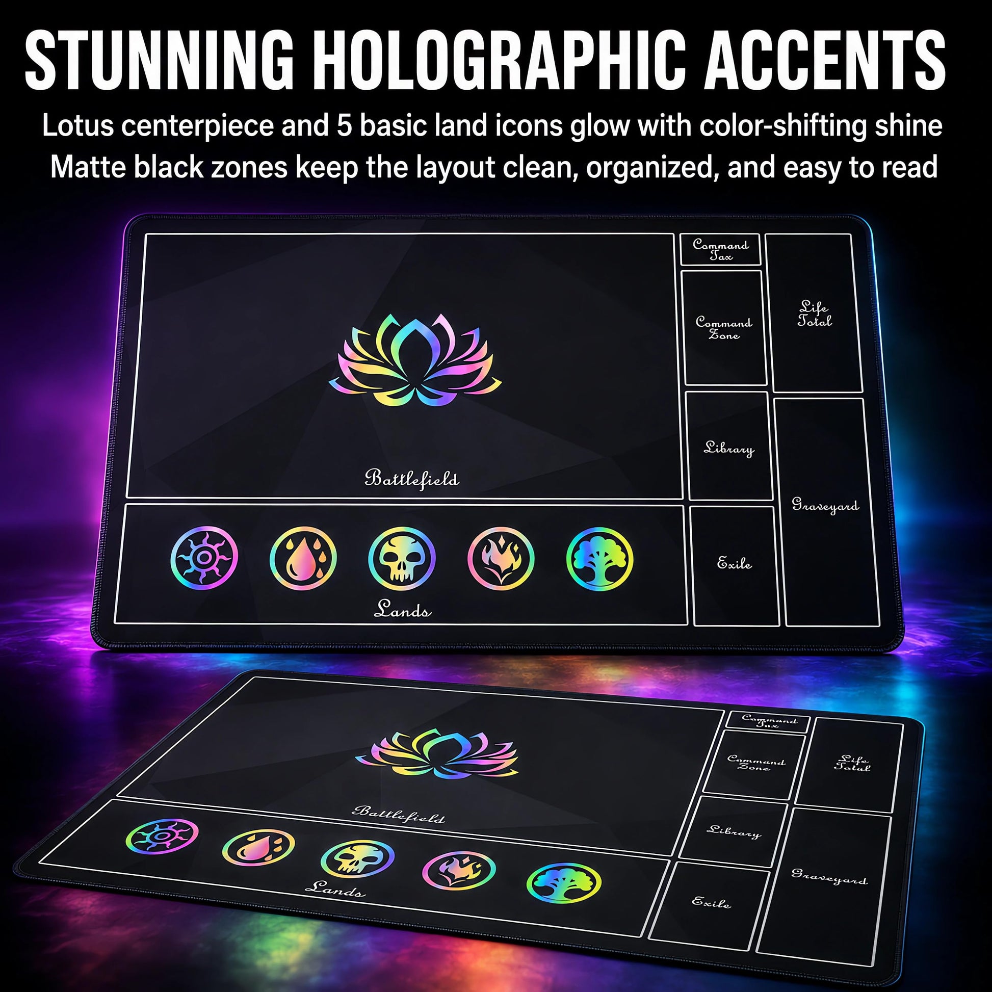 Auralvia Holographic TCG Playmat Compatible with MTG - 24x14 Iridescent Rainbow Foil Card Game Mat, Borderless 5-Element Art, Stitched Edges