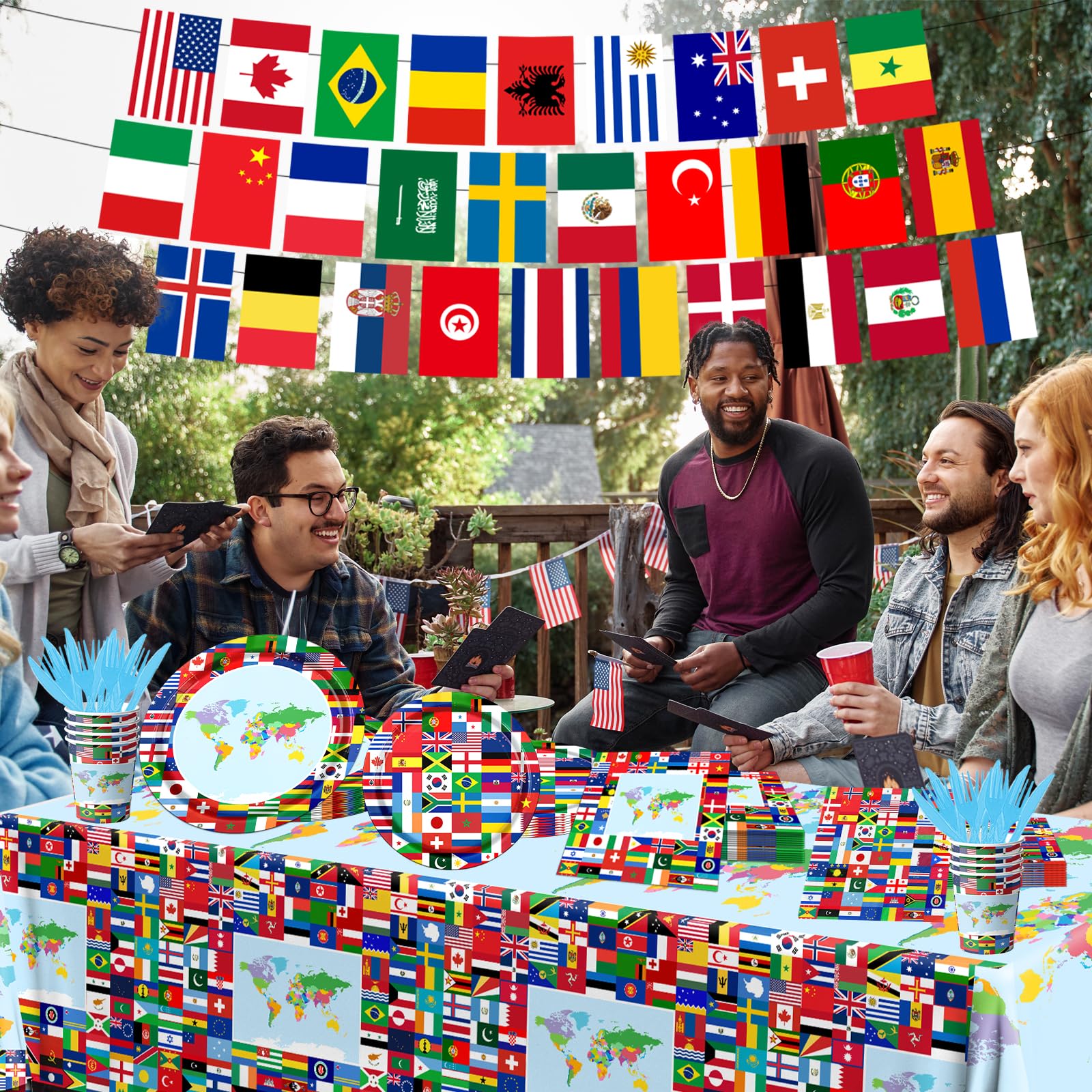 International World Flags Tableware Set, 142Pcs International Flags Decorations Plates and Napkins, Cups,Banner,Flags Tablecloth for Travel Trip