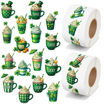 5wsech Green Coffee Roll Stickers - 1000 Lucky Clover Latte Vinyl Decals for Kids, Green Shamrock Coffee Stickers St Patrick's Day Gifts for Birthday