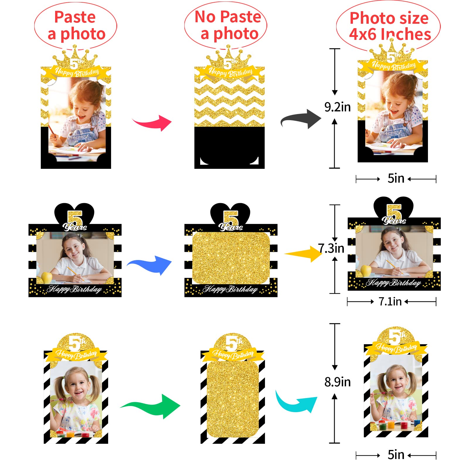MEFENG 15Pcs 5th Birthday Picture Centerpiece Sticks - Black Gold - Photo Table Toppers for Kids - Happy 5 Years Old Party Supplies