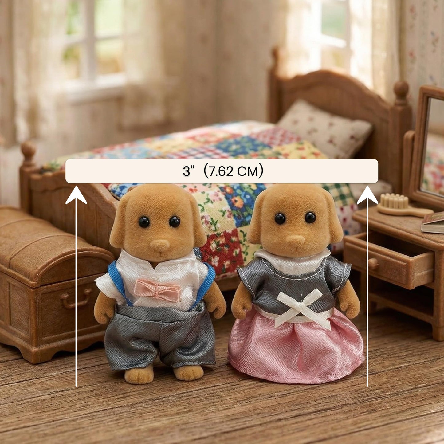 OLEOCA Family Brown Dog Figures - Set of 2 Collectible Flocked Mini Dolls with Removable Clothes, Dollhouse Pretend Play Set for Kids Ages 3+