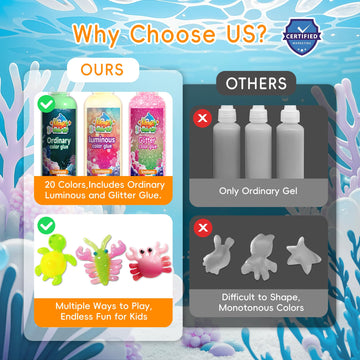 Timetome Magic Water Elf Toy Kit for Kids - 20 Gels (11 Standard + 6 Glitter + 3 Glow) & 10 Molds, DIY Squishy Maker, Aqua Fairy Gel Toys, Night Glow