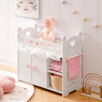 ROBOTIME Baby Doll Crib - Wooden Baby Doll Changing Table with Storage - Bedding & Hooks, Fits 18-21" Dolls, Doll Bed Playset for Girls Ages 3+