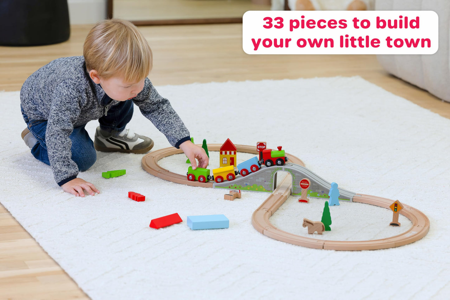 Jasey's Toy Chest 33-Piece Wooden Little Town Train Adventure Set | Interlocking Tracks, Bridge, & Town Accessories | Compatible with Other Wooden