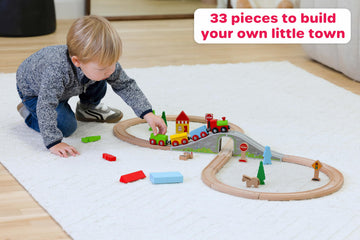 Jasey's Toy Chest 33-Piece Wooden Little Town Train Adventure Set | Interlocking Tracks, Bridge, & Town Accessories | Compatible with Other Wooden