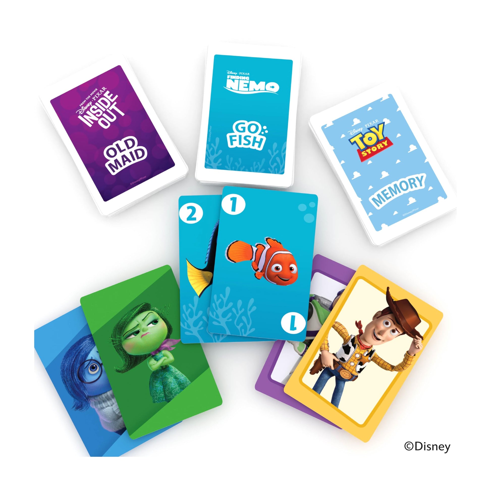 Bicycle Disney and Pixar 3-in-1 Card Games, Old Maid, Go Fish & Memory, Featuring Toy Story, Finding Nemo & Inside Out Characters, Kids Card Games