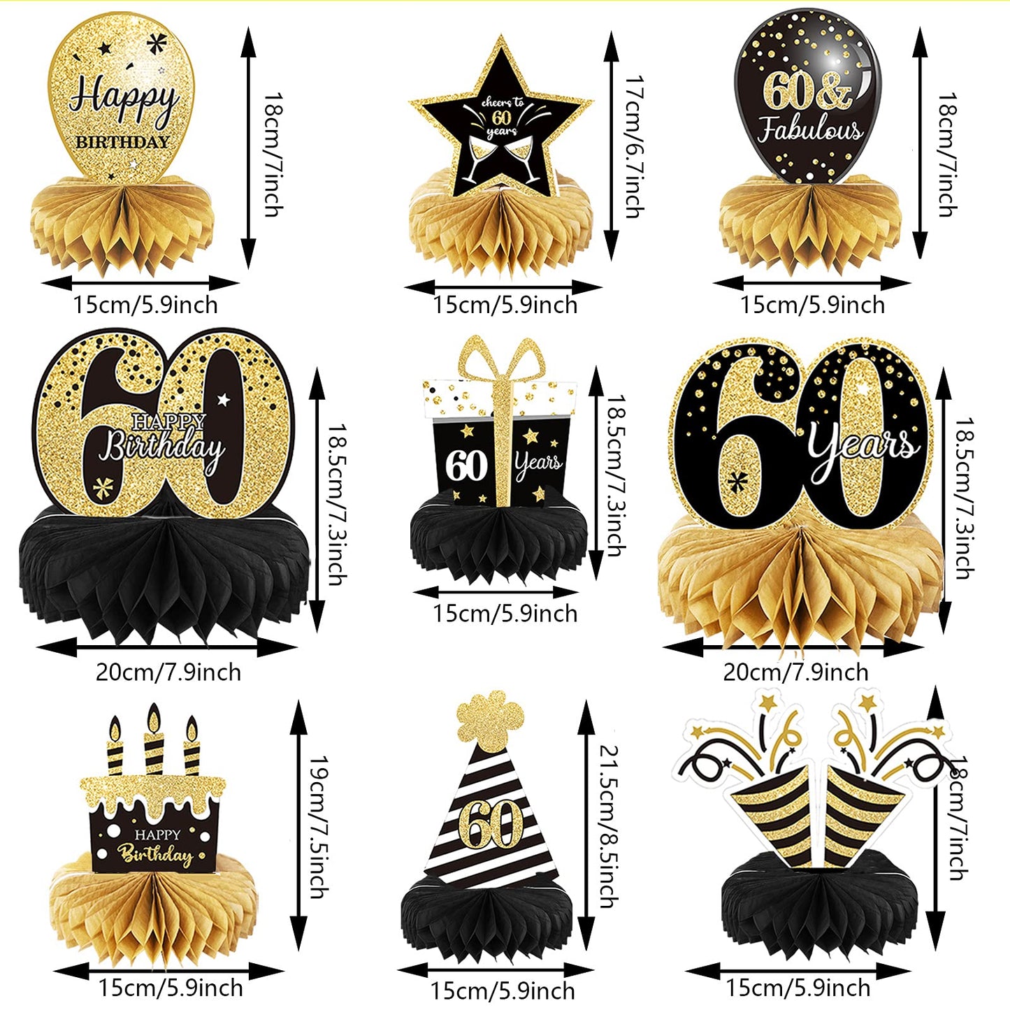 9 Pieces 60th Birthday Decoration 60 th Birthday Centerpieces for Tables Decorations Cheers to 60 Years Honeycomb Table Topper for Men and Women Sixty