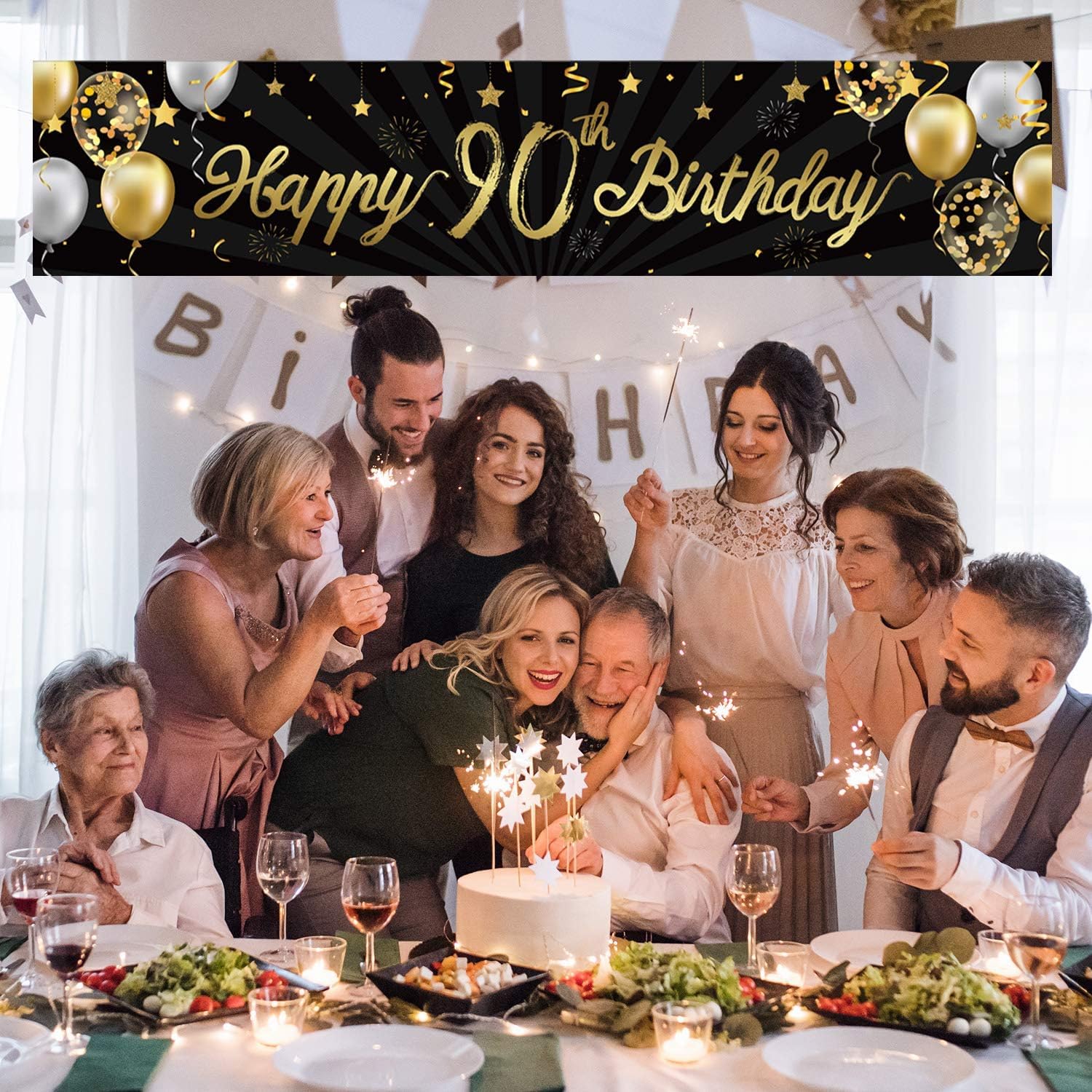 Happy 90th Birthday Banner for Men Women Sign Black Gold Glitter 90 Years Old Birthday Party Decorations Supplies Anniversary Celebration Backdrop