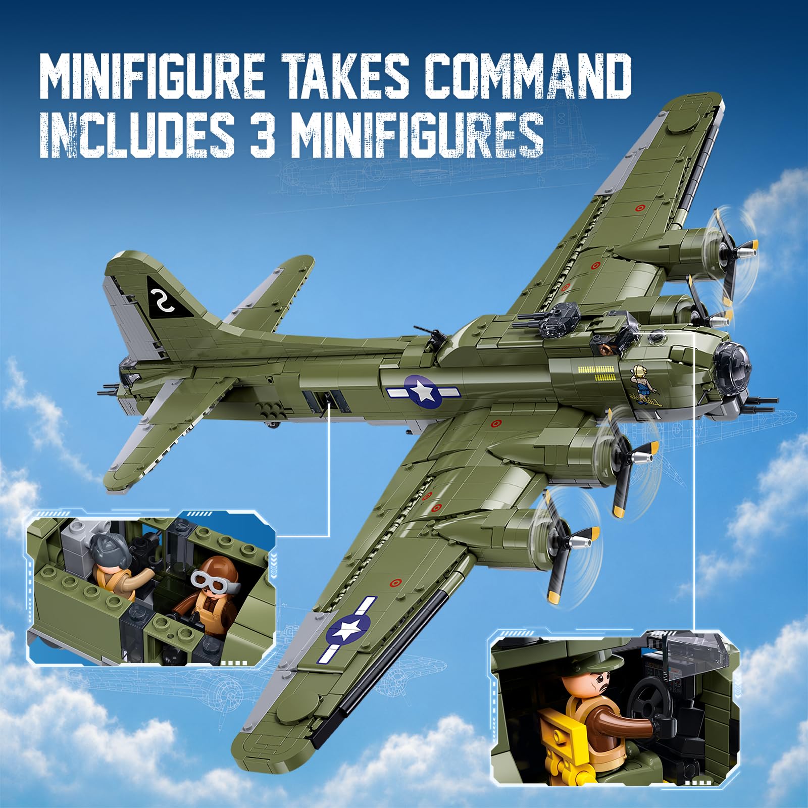Sluban B-17 Flying Fortress Bomber Plane Building Blocks Set, 1270PCS WW2 Classic Military Fighter Aircraft Models with Display Stand, Army Airplane