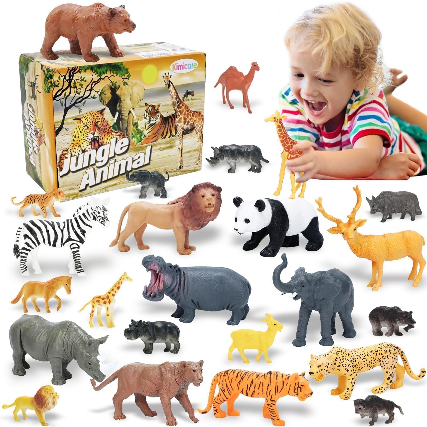 24Pcs Safari & Zoo Animals Figures, Realistic Plastic Animal Toys Set for Kids 1 2 3, Educational Jungle Animals Figures Playset, Party Supplies