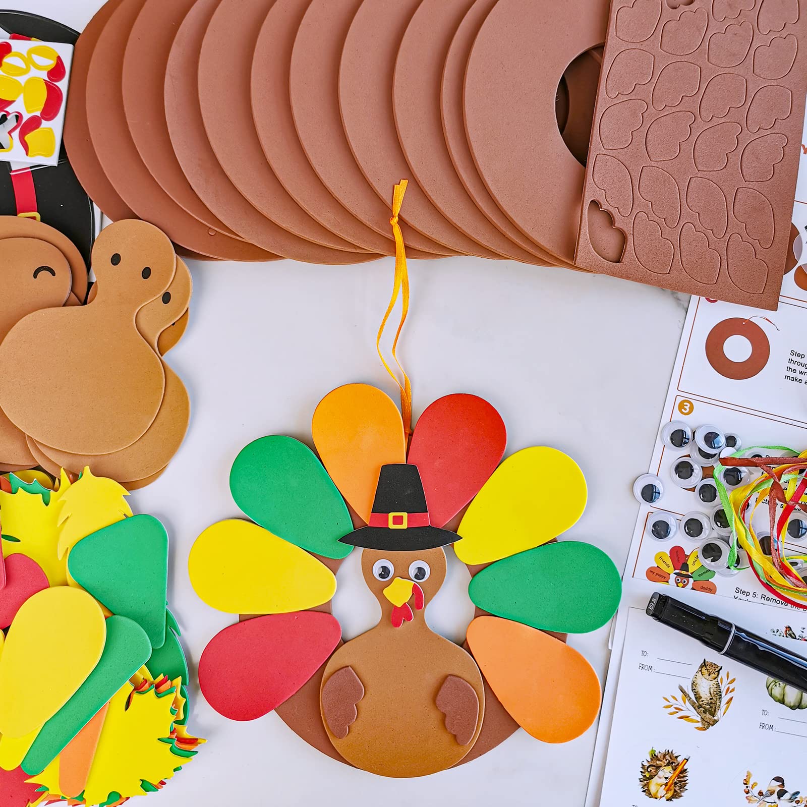 Winlyn 12 Sets Thanksgiving Wreath Signs Decorations Art Sets DIY Thanksgiving Craft Kits Give Thanks Turkey Fall Maple Leaf Foam Stickers Googly Eyes