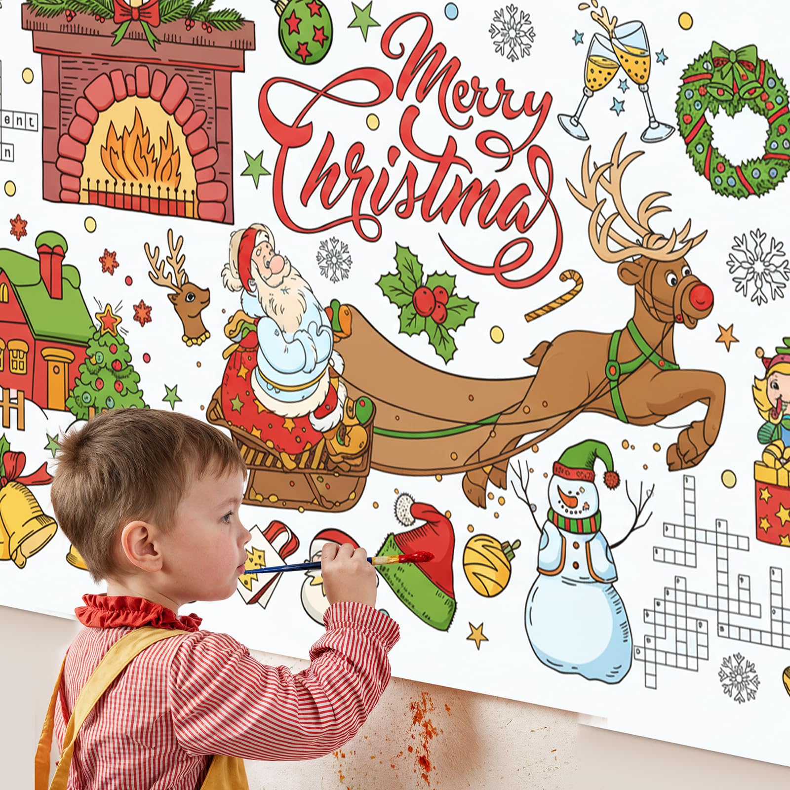 Christmas Coloring Tablecloth 31×72 Inch, Large Table Cover with Santa Claus, Reindeer, Paper Drawing Poster with Christmas Tree, Snowflakes and Gift
