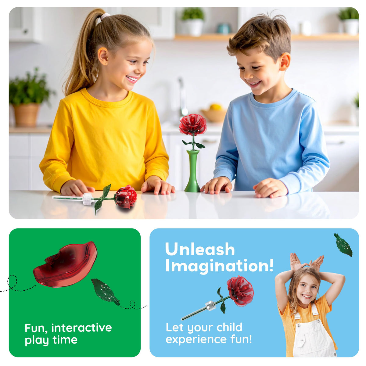 PicassoTiles Red Stem Rose Building 45pc Set With Magnetic Hold Piece Creative Hands-On Play Discovery Activity Kit Room Decor Gifts For Mother’s Day