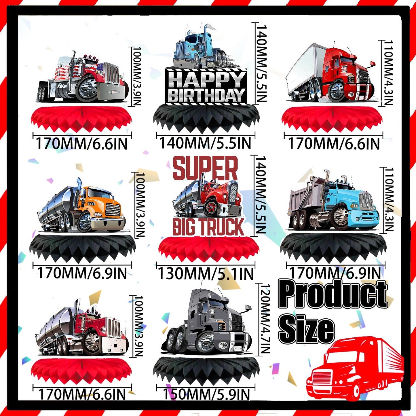 LIANGSS 8-Piece Heavy Duty Truck Theme Honeycomb Centerpieces for Kids - Semi Truck, Baby Shower, Birthday, Traffic Party Honeycomb Tabletop