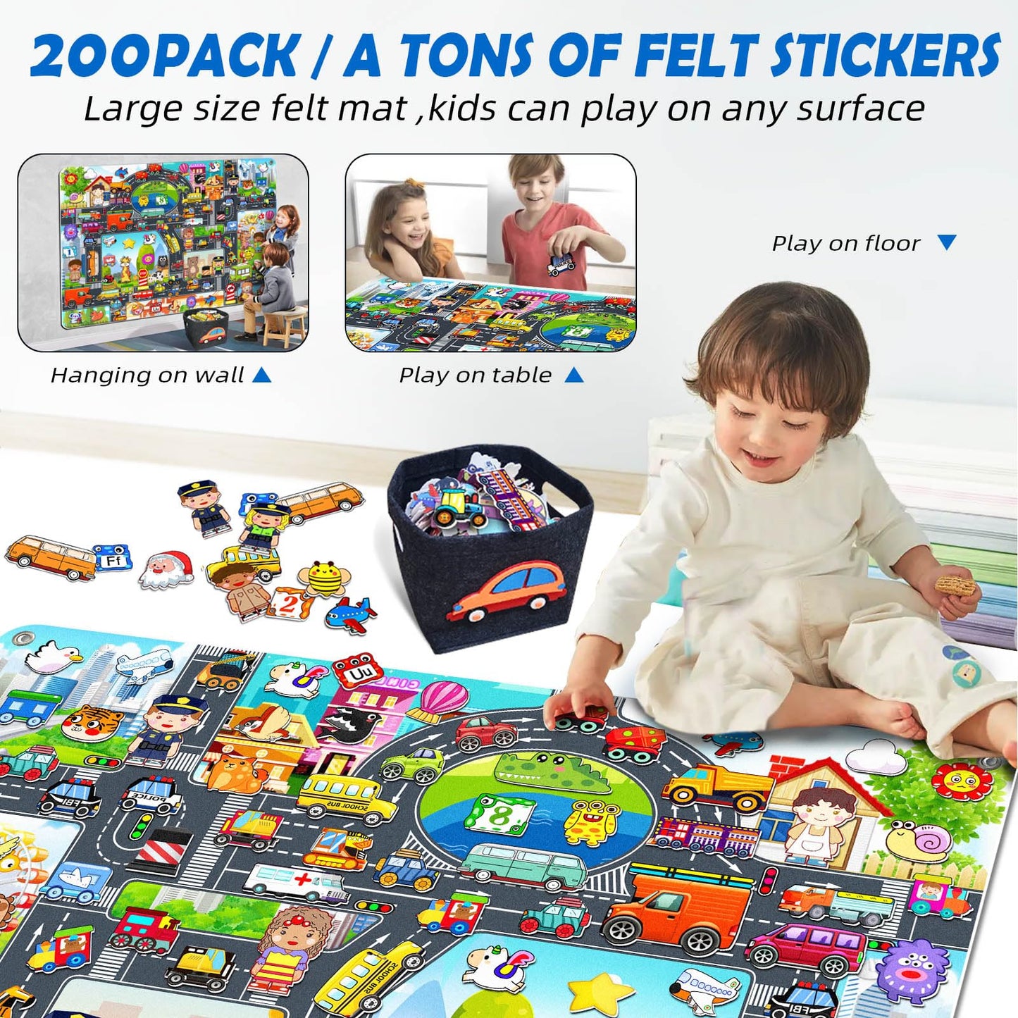 200 PCS Felt Board Story Set for Toddlers with Storage Bag City Car Traffic Themed 40 X 28 inch Teaching Wall Flannel Board Kit for Preschool Activity