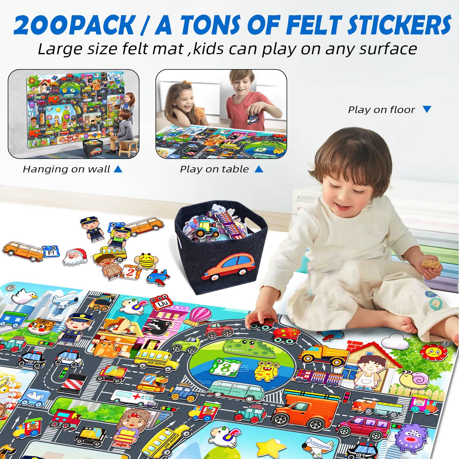 200 PCS Felt Board Story Set for Toddlers with Storage Bag City Car Traffic Themed 40 X 28 inch Teaching Wall Flannel Board Kit for Preschool Activity