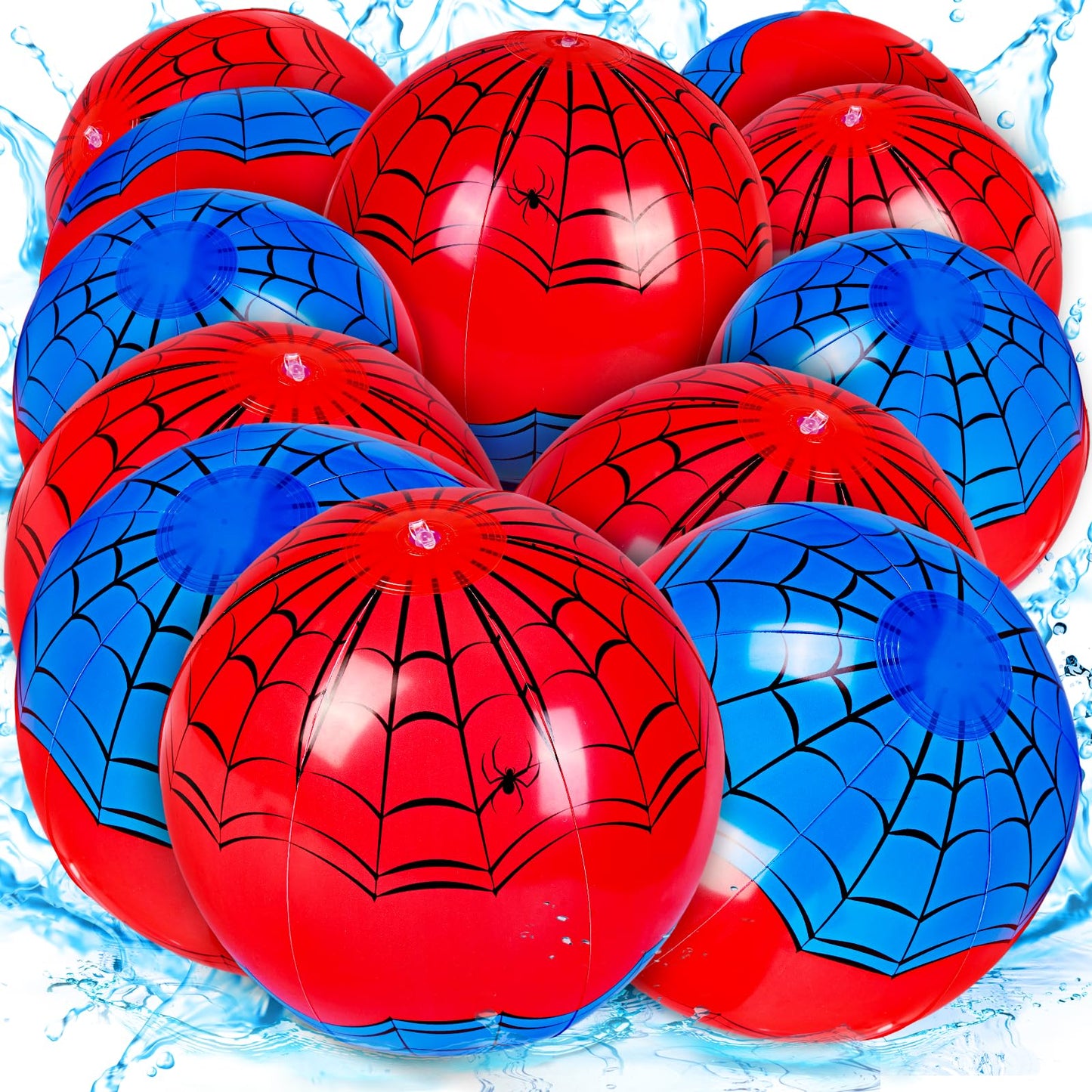 12 Pack Spider Theme Beach Ball - 9.84" Bulk Inflatable Beach Balls for Summer Water Games Pool Games, Blue and Red Spider Web Birthday Party