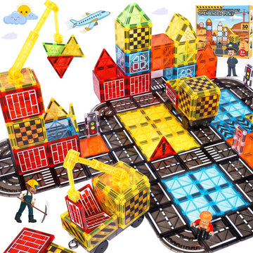 Magnetic Tiles Kids Construction Toys - Road Set with Magnet Crane for Boys Age 3-5 4-8 8-10, Magnet Building Blocks Expansion Pack Toy Car Track