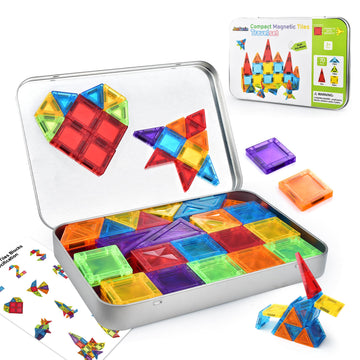 JoxSaxin mini Magnetic Tiles,70pcs Travel Magnetic Tiles Set with Iron Box,Portable Magnetic Building Blocks for Kids Ages 3-8,STEM Montessori