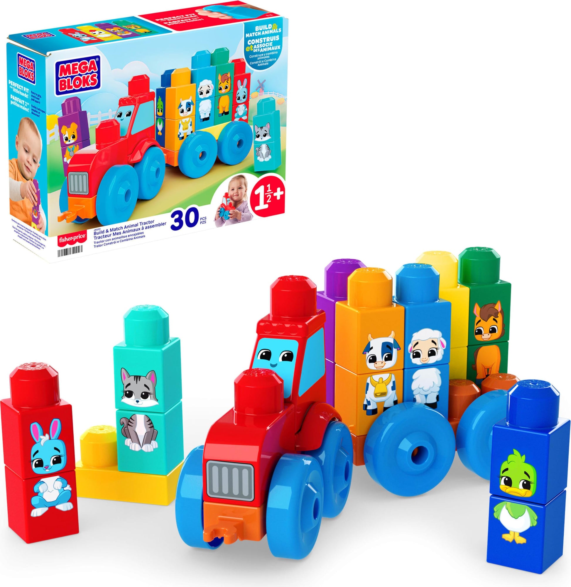 MEGA BLOKS First Builders Toddler Block Toys Set, Build & Match Animal Tractor with 30 Pieces, Learn Animals and Colors, Red and Blue, Ages 1+ Years