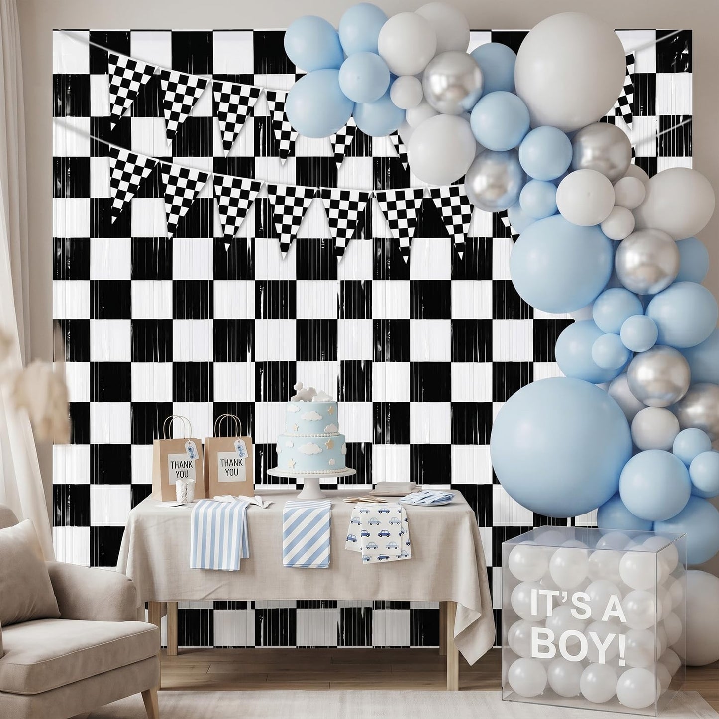 4 Pack Black White Checkered Party Decoration Set, 2 Pack 3.3ft x 6.6 ft Black White Checkerboard Foil Fringe Tinsel Streamer Curtain Backdrop + 2
