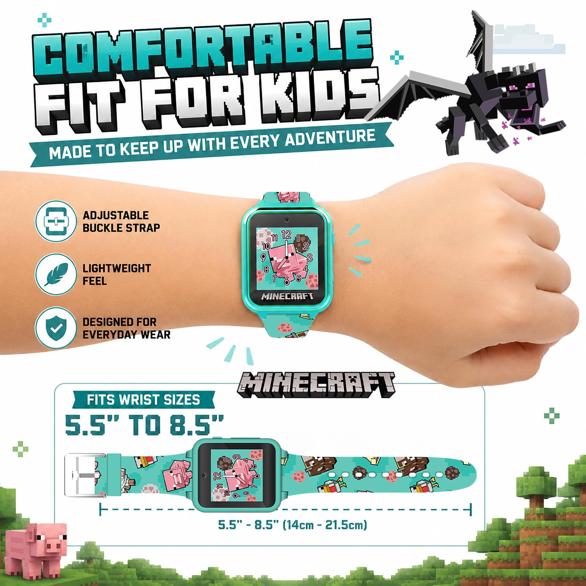 Minecraft Kids Smart Watch with Touchscreen Display, 10 Watch Faces, Games, Camera, Alarm, Timer, Step Counter & Calculator - Fun Interactive Learning