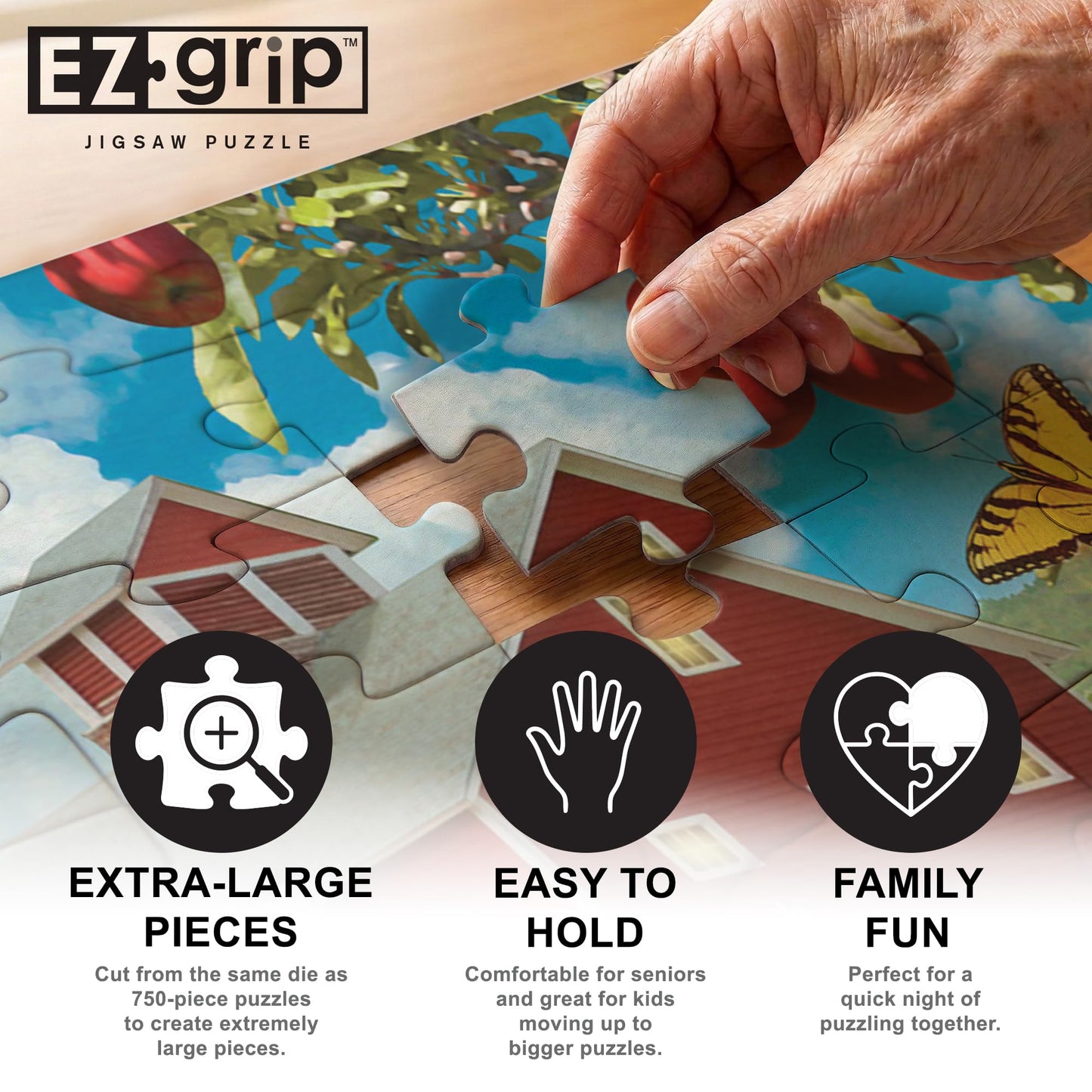 MasterPieces - 300 Piece Jigsaw Puzzle, Large EZ Grip Shapes, Barnyard Beauties, Fun for Adults, Seniors, Family, Kids, Non-Glare Finish, 18"x24"