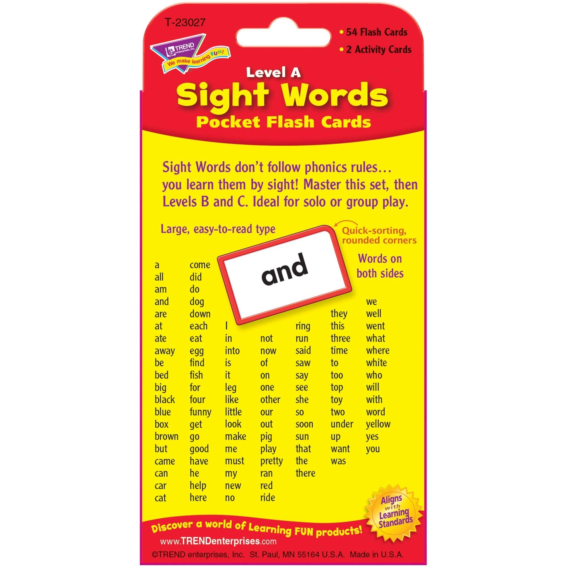 Trend Enterprises: Sight Words Level A Pocket Flash Cards, Great for Skill Building and Test Prep, 56 Two-Sided Cards Included, 108 Commonly-Used