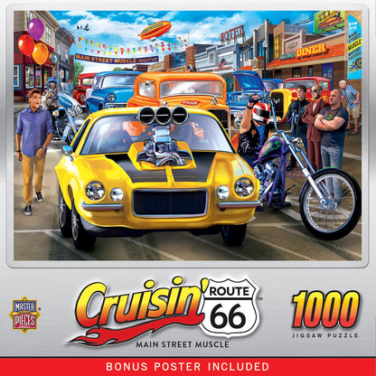MasterPieces - 1000 Piece Jigsaw Puzzle, Route 66 Main Street Muscle, Fun for Adults, Family, Kids, 19.25" x 26.75"