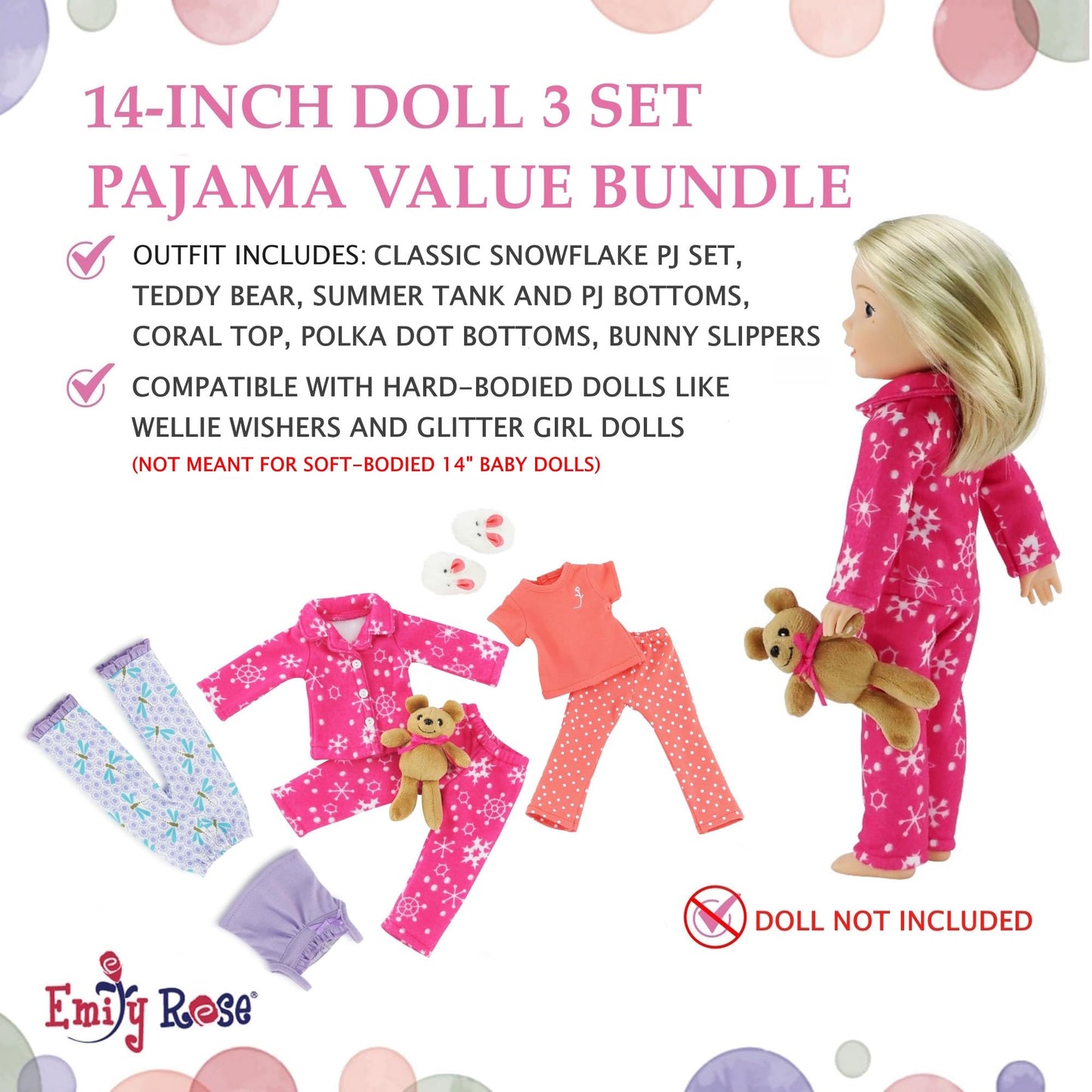 Emily Rose 14 & 14.5 Inch Doll 8-Piece Pajama Bundle | Seasonal PJs Gift Set with Teddy Bear and Bunny Slippers | USA Brand 14” Doll Pajamas | Fits