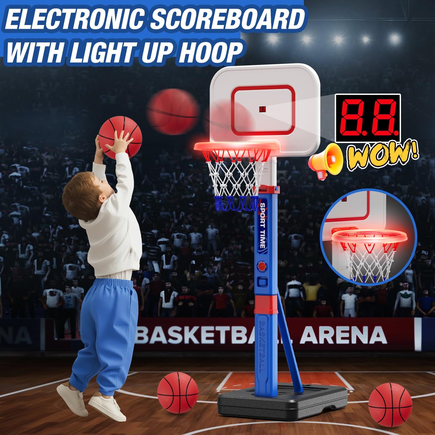 HYES Kids Basketball Hoop with Scoreboard/LED Basketball Rim for Child 3-5