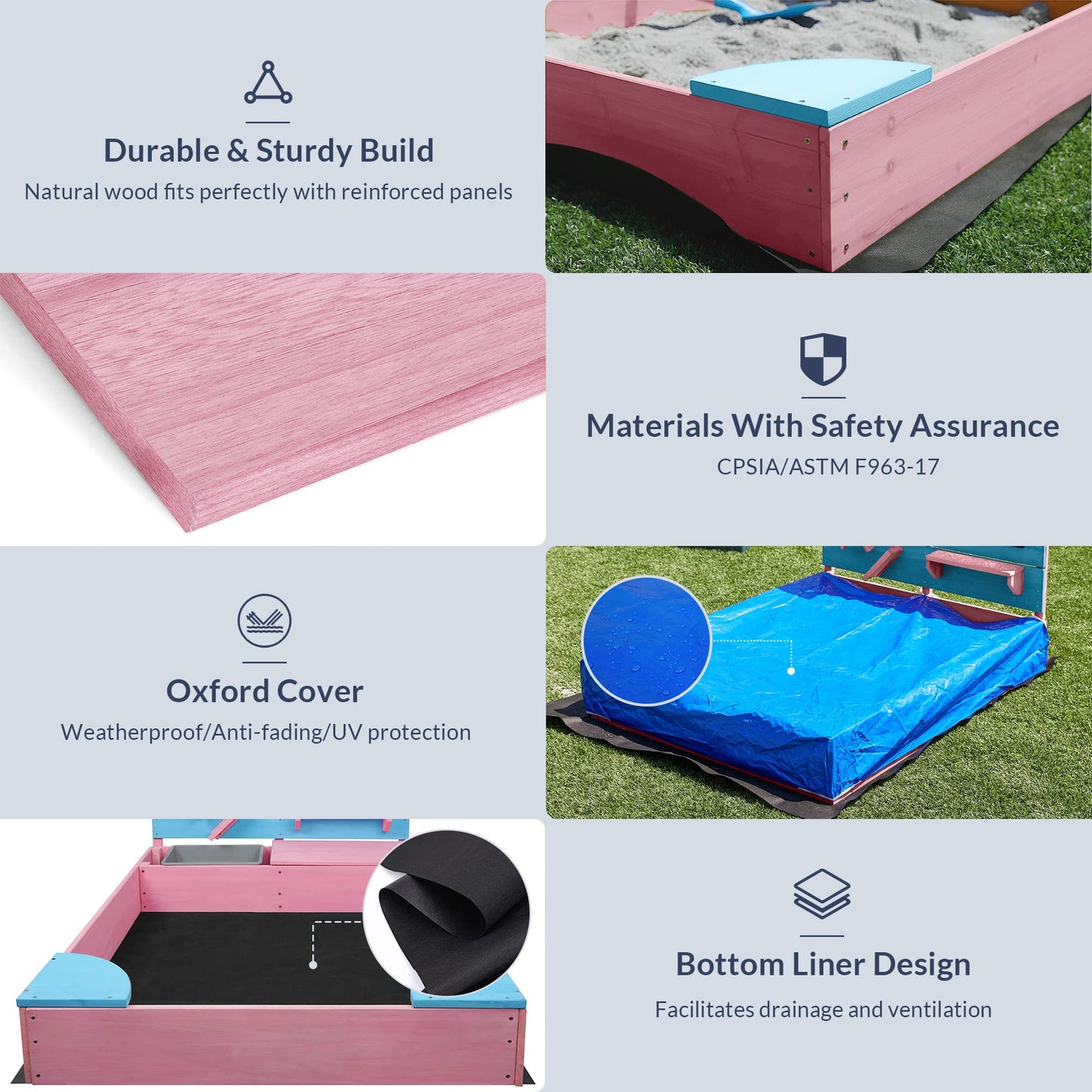 BELLEZE Wooden Sandbox, 49x39in Kids Sand Pit for Backyard, Outdoor Sandbox with Cover and Bottom Liner, Built-in Corner Seating, Bench Storage, Sand