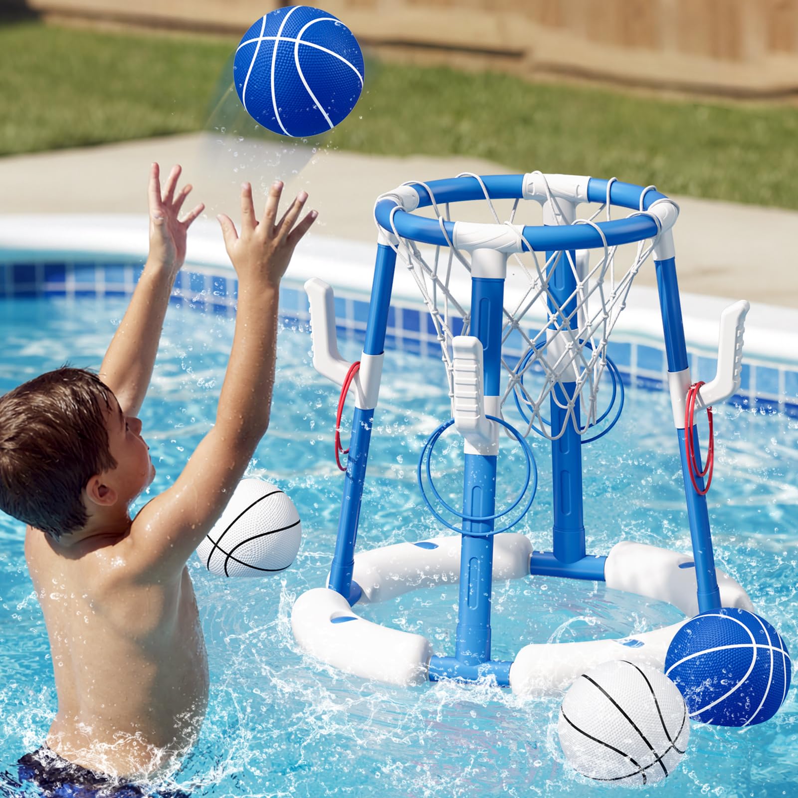 HYES 2 in 1 Pool Basketball Hoop, Floating Pool Toys, Blue