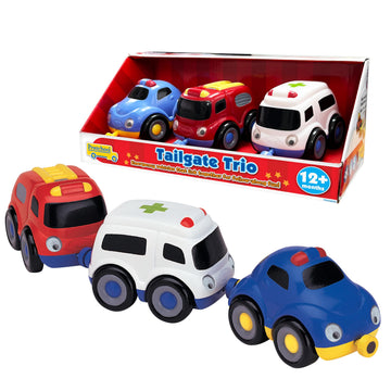 Small World Toys Emergency Vehicle Toys, Magnetic Tailgate Trio Cars for Toddlers 1-3, Preschool Mini Car Toys, Fire Engine, Police Car & Ambulance