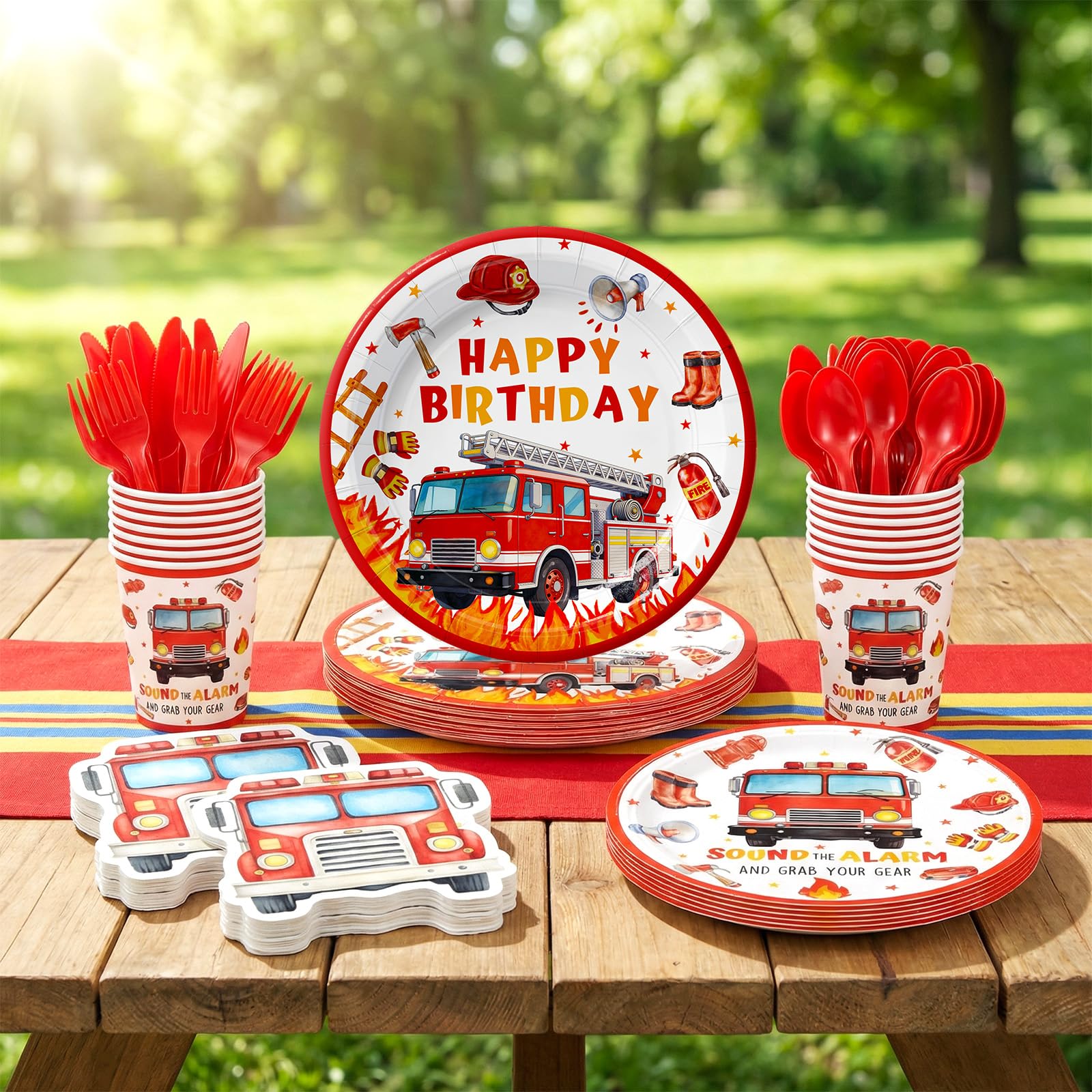 168pcs Firetruck Paper Plates Napkins Fire Truck Party Supplies Serve 24