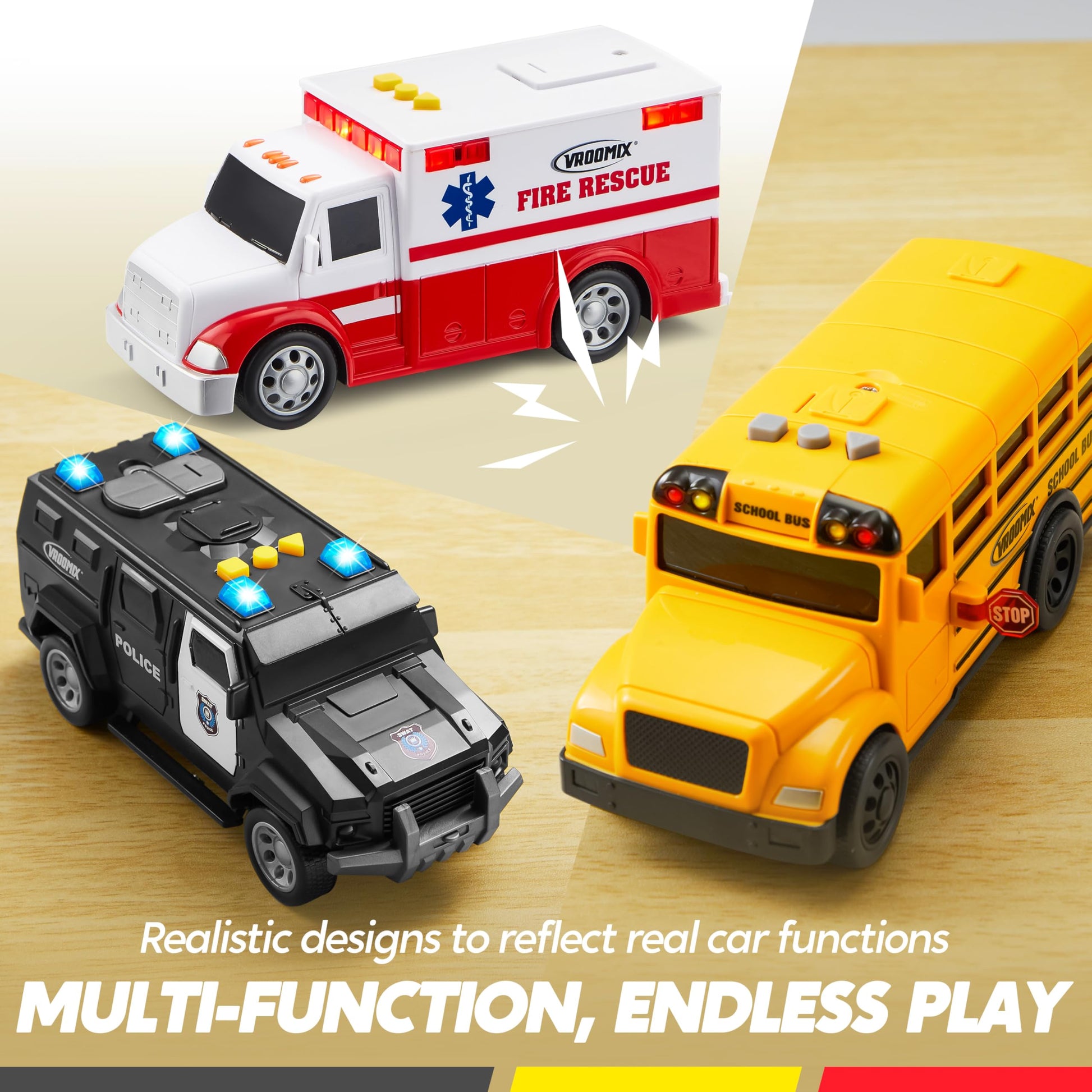Vroomix JOVA Emergency and School Vehicle Toy Set - Friction Powered Police Car, Ambulance, Bus with Lights and Sounds - Educational and Safe Toy